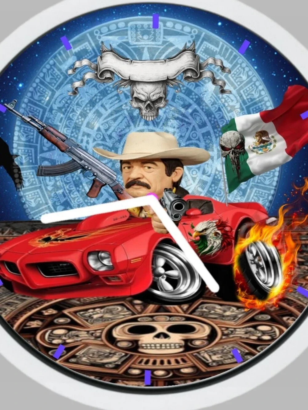 Beto Quintanilla Red Muscle Car Art Graphic Clock Face with Mexican Flag Motif